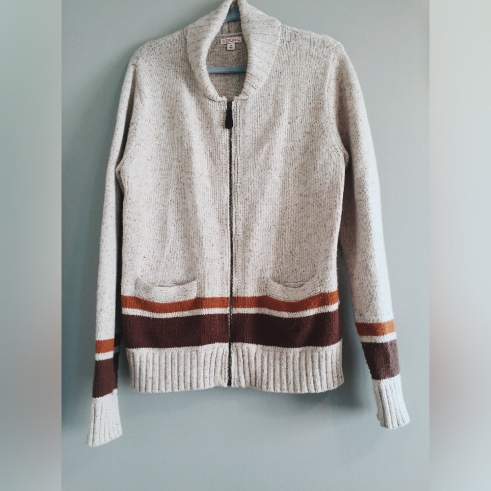 like new cream tan & brown zip up cardigan sweater